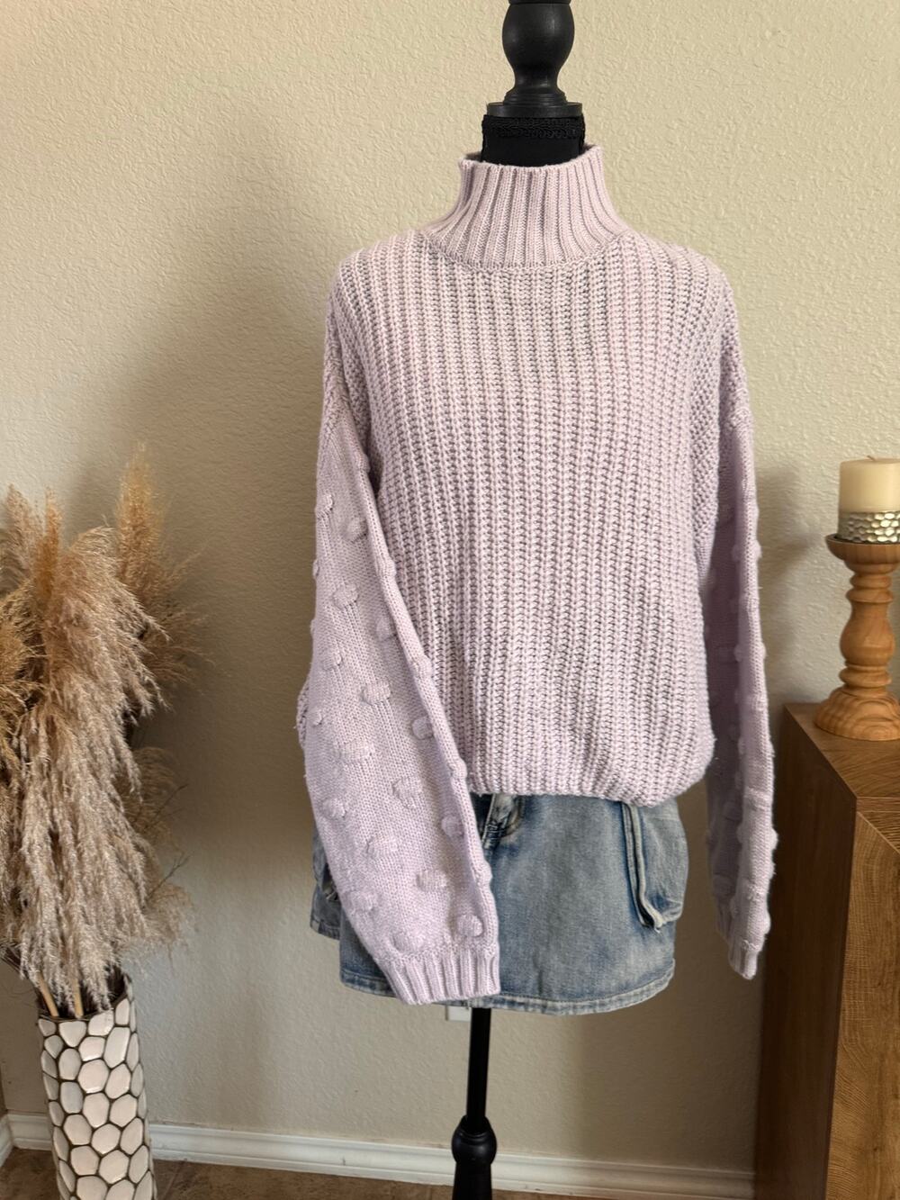 Moon & Madison Womens Large Lavender Purple Popcorn Sleeve Mock Neck Sweater